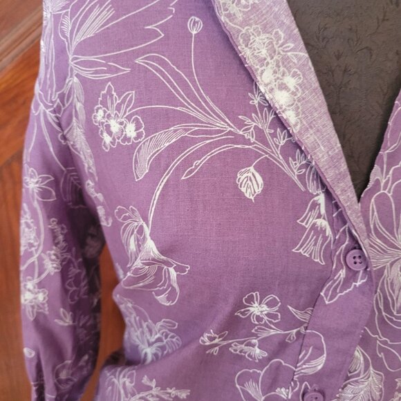 Liz Claiborne Purple Floral Button-Up Blouse L Linen/Cotton Blend Womens Shirt - Picture 4 of 9